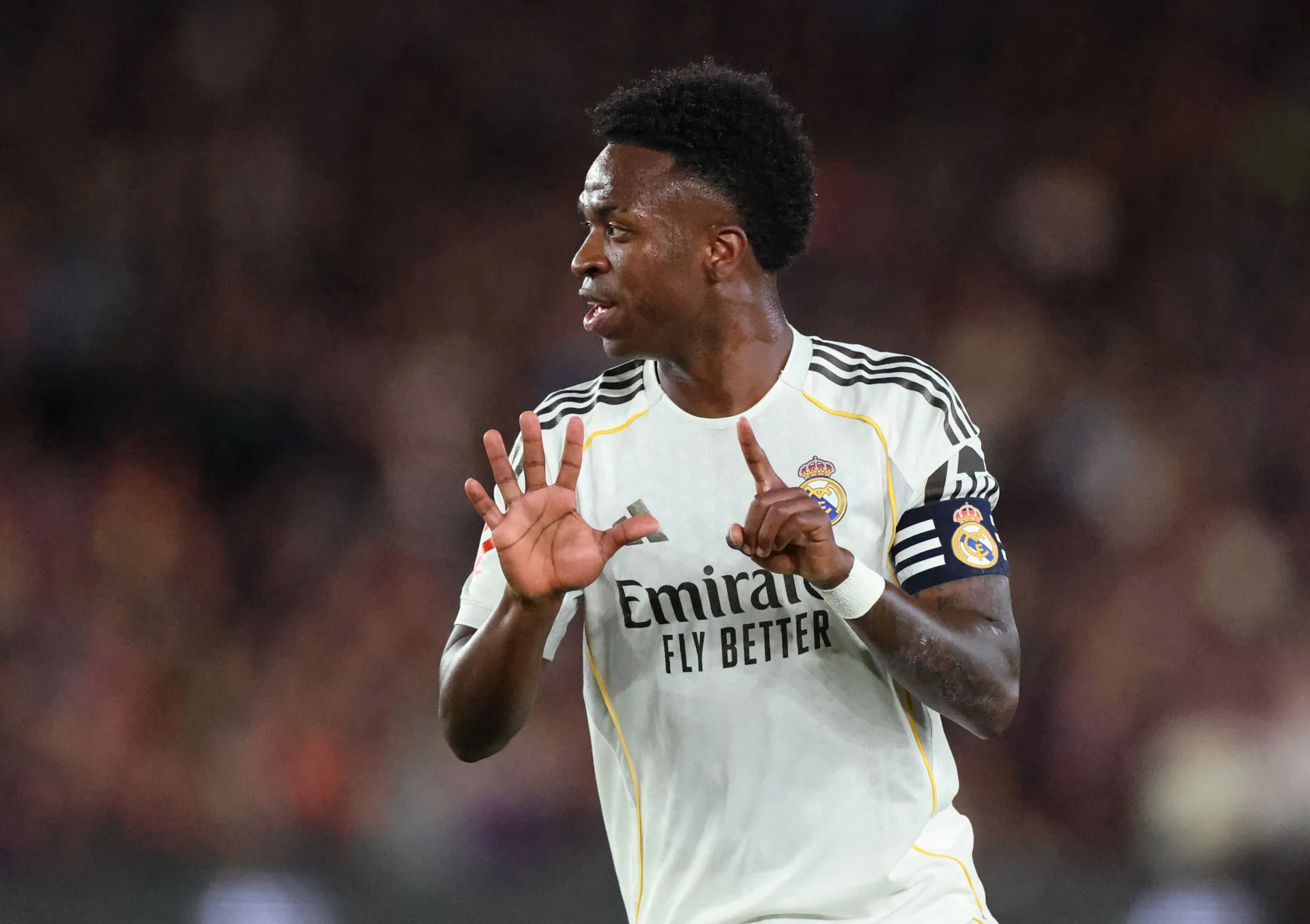 Soccer Football - LaLiga - FC Barcelona v Real Madrid - Spotify Camp Nou, Barcelona, Spain - May 10, 2026 Real Madrid's Vinicius Junior reacts REUTERS/Nacho Doce