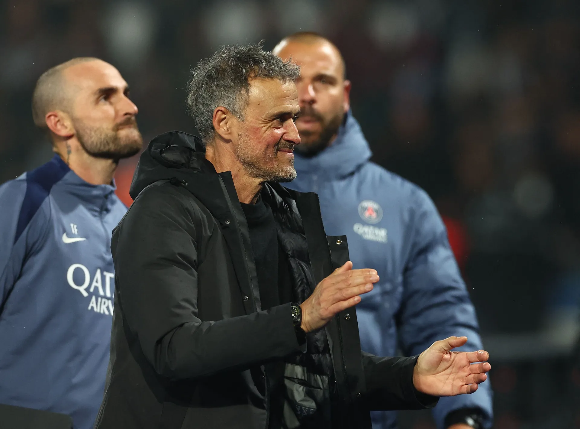 Soccer Football - Ligue 1 - Paris St Germain v Brest - Parc des Princes, Paris, France - May 10, 2026 Paris St Germain coach Luis Enrique celebrates after the match REUTERS/Abdul Saboor