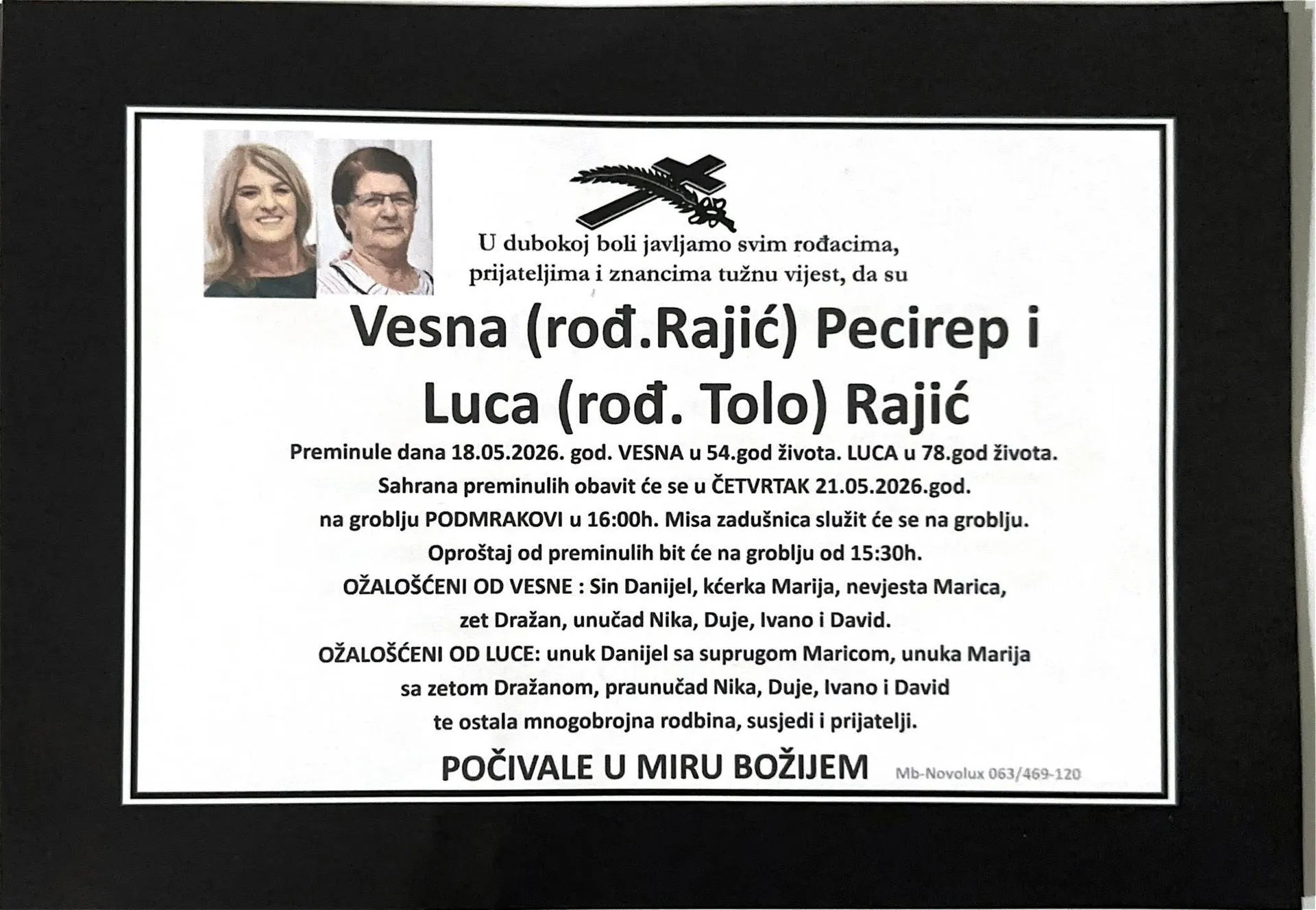 Smrtovnica Vesne Pecirep i njene majke Luce Rajić