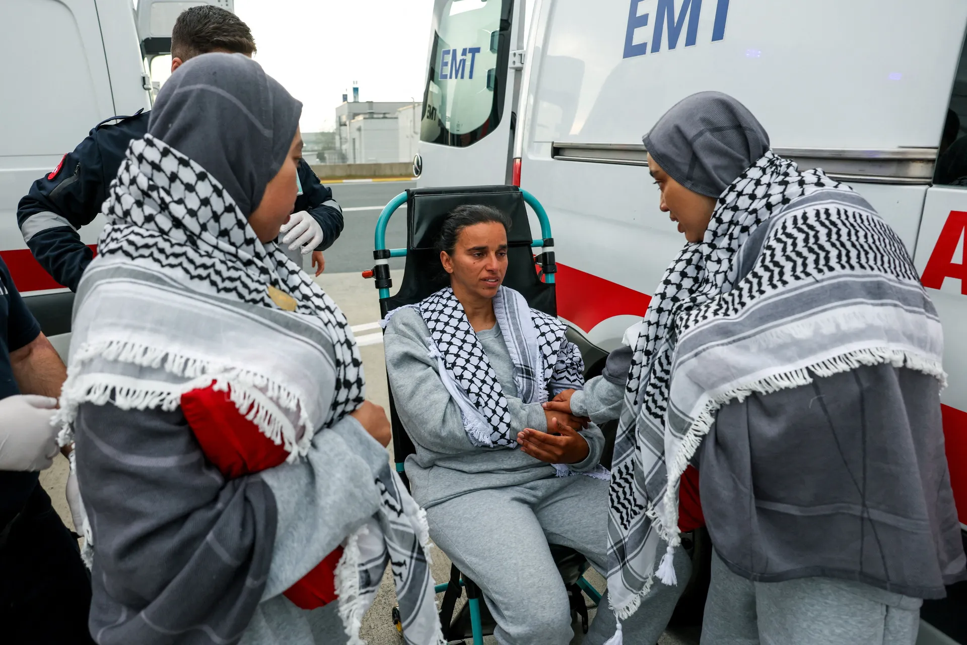 Injured French activist Baouya Malika from the Gaza-bound Global Sumud Flotilla, detained by Israeli forces after their vessels were intercepted in international waters in the Mediterranean, looks on upon arrival at Istanbul Airport, Turkey, May 21, 2026.