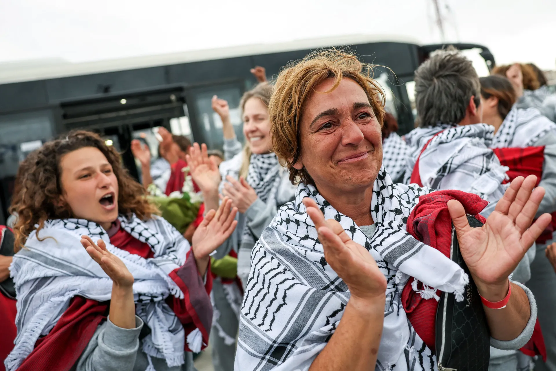 Activists from the Gaza-bound Global Sumud Flotilla, detained by Israeli forces after their vessels were intercepted in international waters in the Mediterranean, celebrate upon arrival at Istanbul Airport, Turkey, May 21, 2026. REUTERS/Murad Sezer