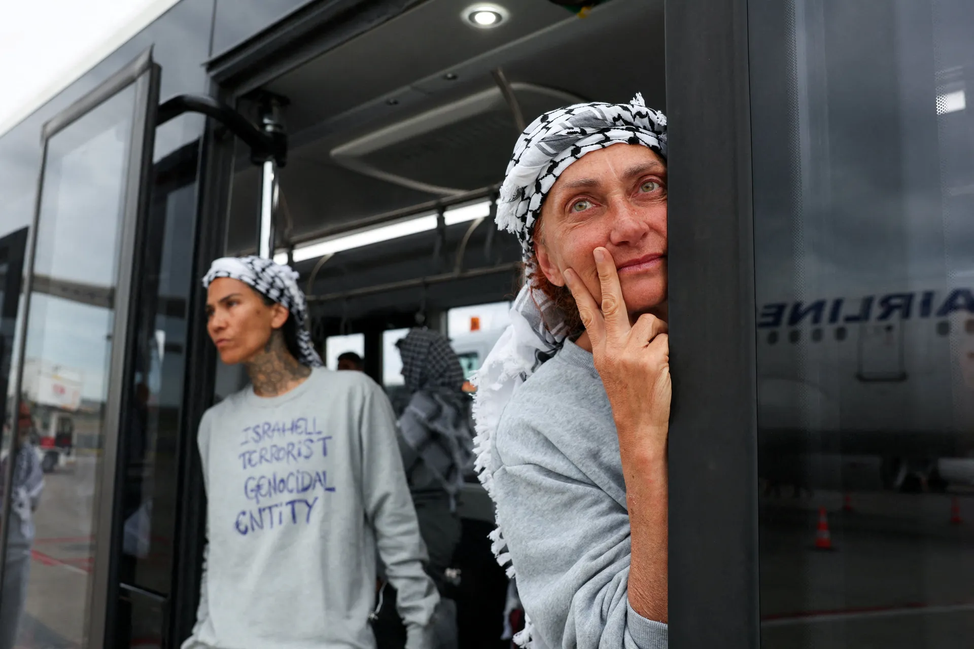 Italian activist from the Gaza-bound Global Sumud Flotilla, Ilaria Del Mastro, a nurse at San Giovanni Addolorata Hospital, gestures upon arrival at Istanbul Airport in Istanbul, following her detention by Israeli forces after the vessels were intercepted