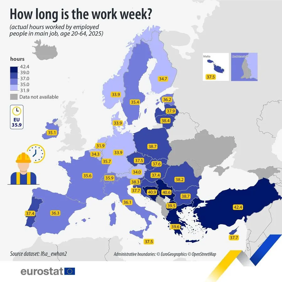Mapa Evrope prema broju radnih sati sedmično