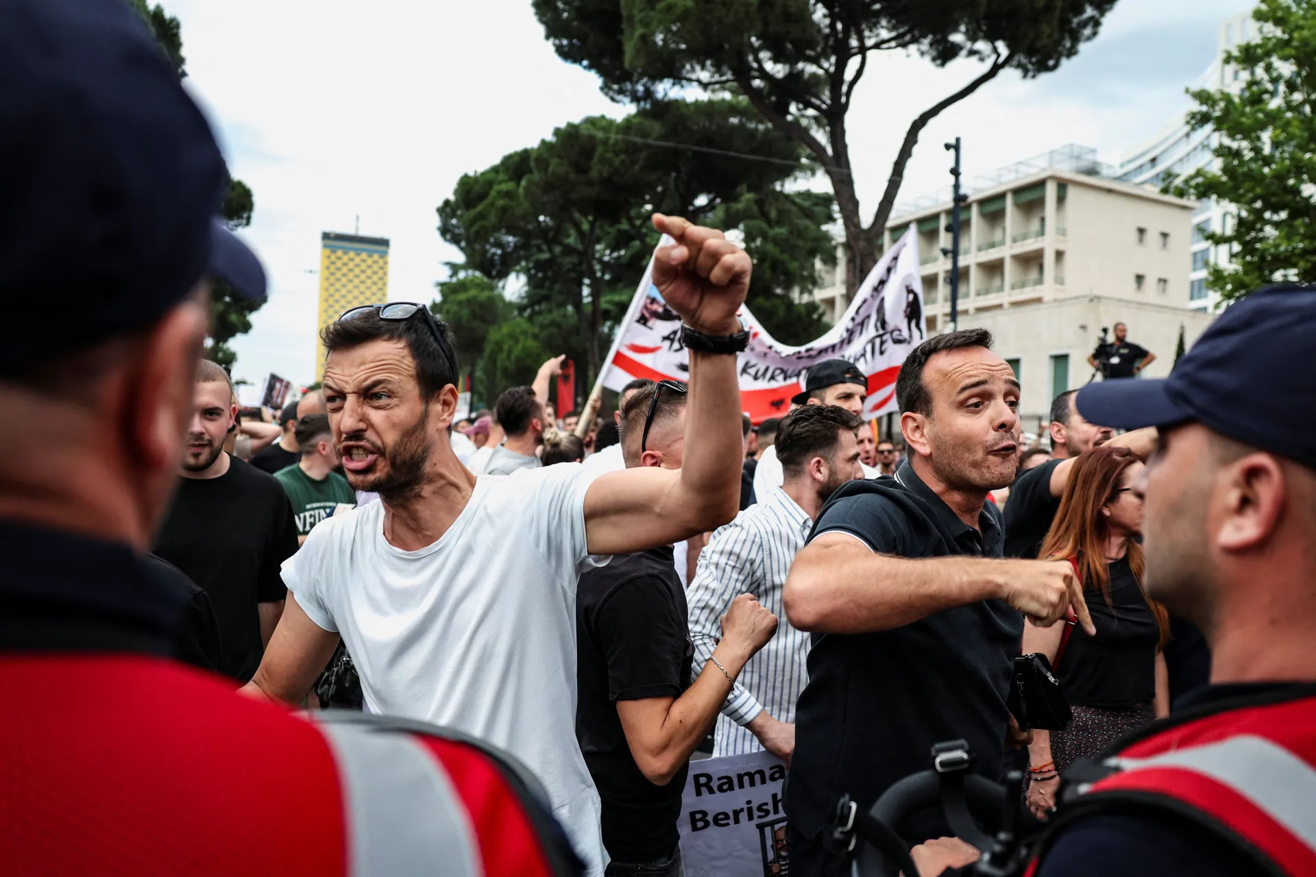 Demonstrators clash with police during a protest against a luxury resort, a plan by a company linked to Donald Trump's son-in-law, Jared Kushner, on an environmentally sensitive part of the Adriatic coast, in Tirana, Albania, June 3, 2026. REUTERS/Florion