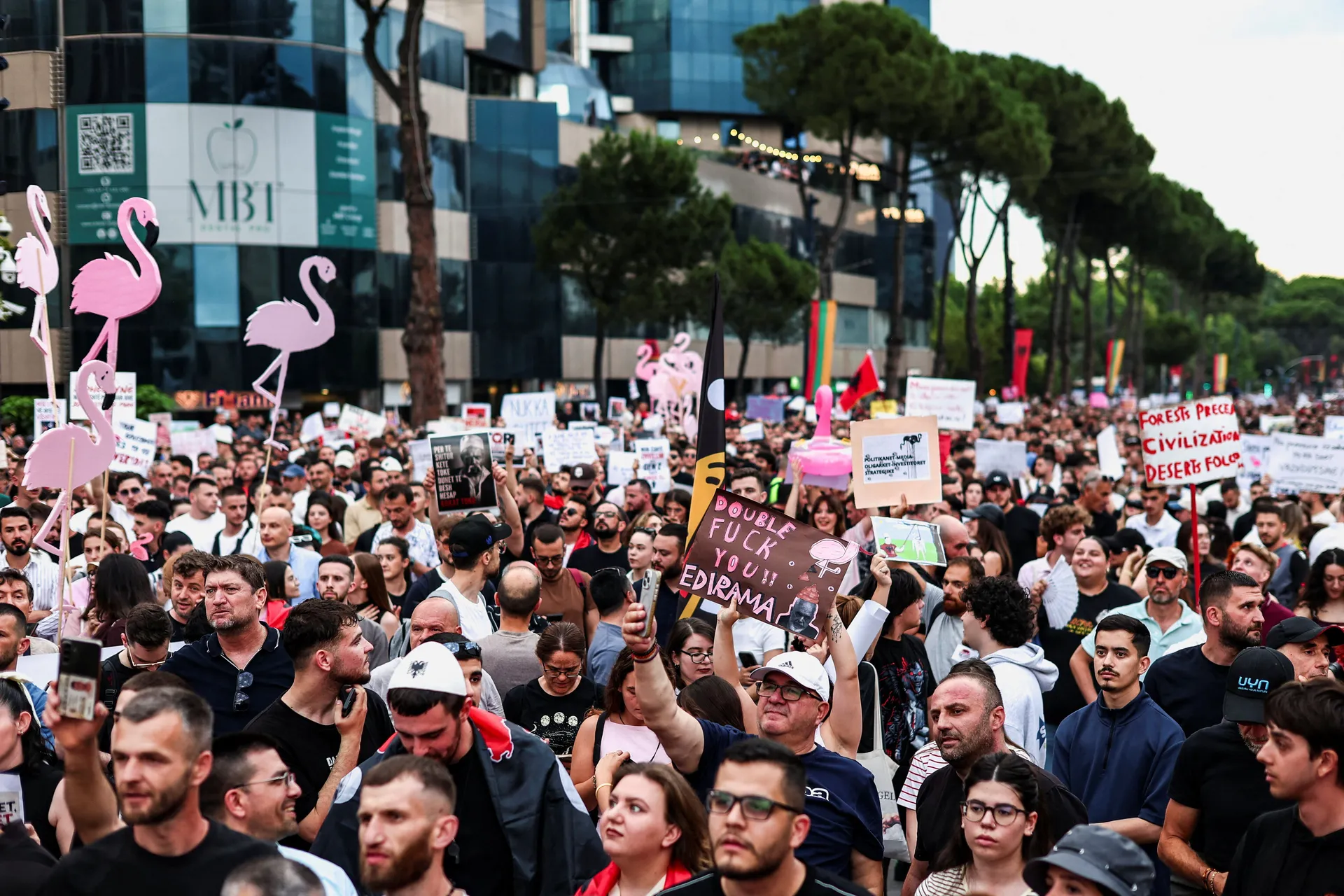 Demonstrators take part in a protest against a luxury resort, a plan by a company linked to Donald Trump's son-in-law, Jared Kushner, on an environmentally sensitive part of the Adriatic coast, in Tirana, Albania, June 3, 2026. REUTERS/Florion Goga