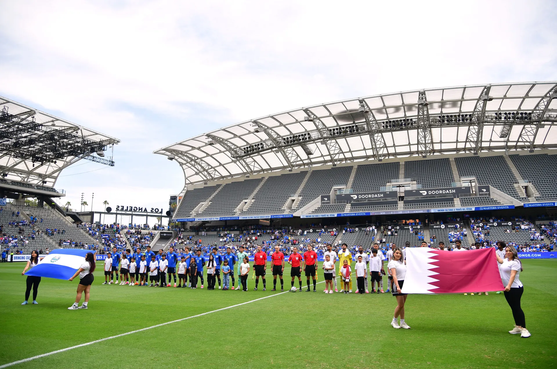 Soccer Football - International Friendly - Qatar v El Salvador - BMO Stadium, Los Angeles, California, U.S. - June 6, 2026 Both teams line up during the national anthems before the match IMAGN IMAGES via Reuters/Gary Vasquez