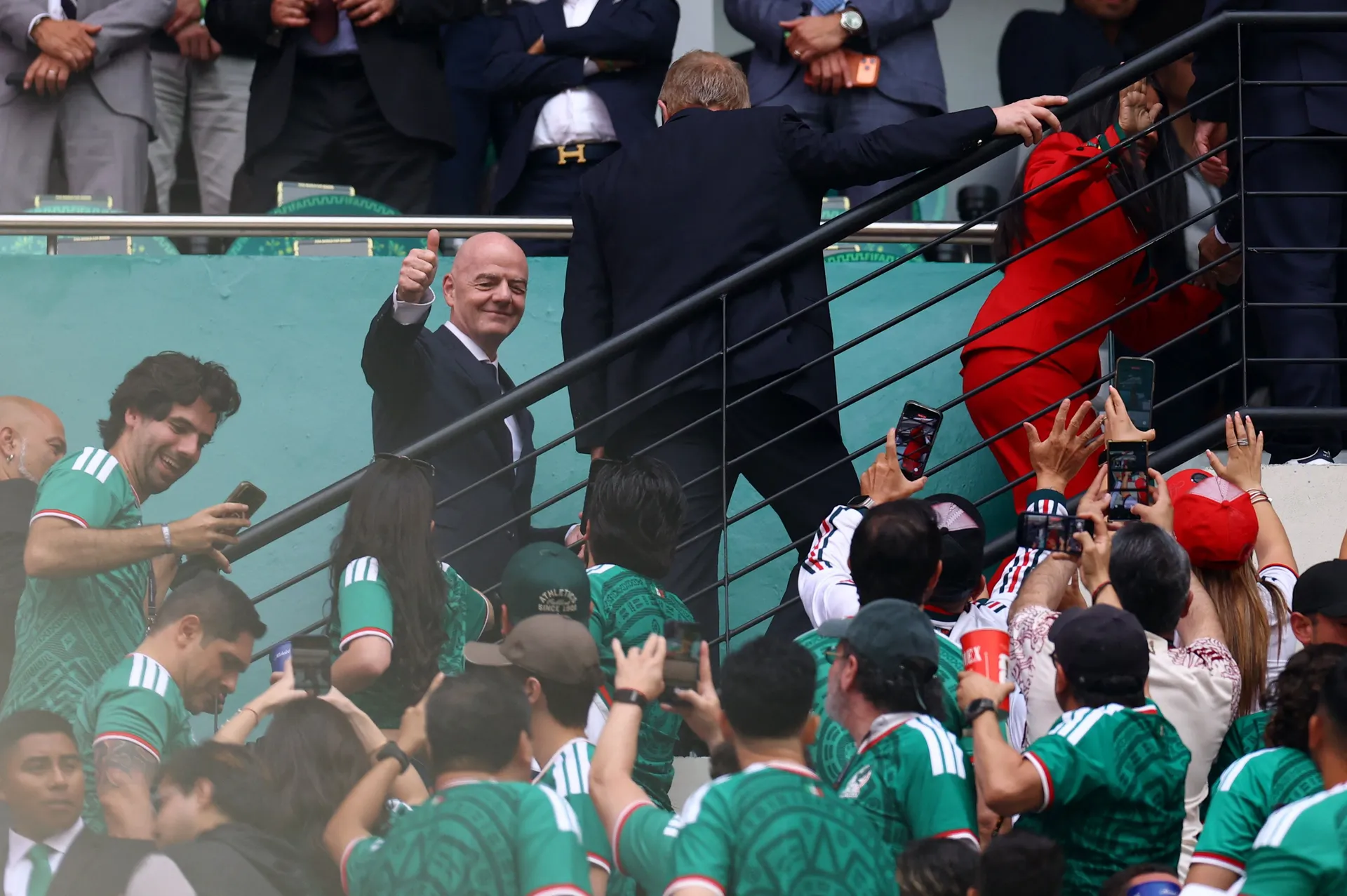 Soccer Football - FIFA World Cup 2026 - Group A - Mexico v South Africa - Estadio Azteca, Mexico City, Mexico - June 11, 2026 FIFA President Gianni Infantino and actress and FIFA World Cup 2026 Ambassador Salma Hayek Pinault in the stands before the match