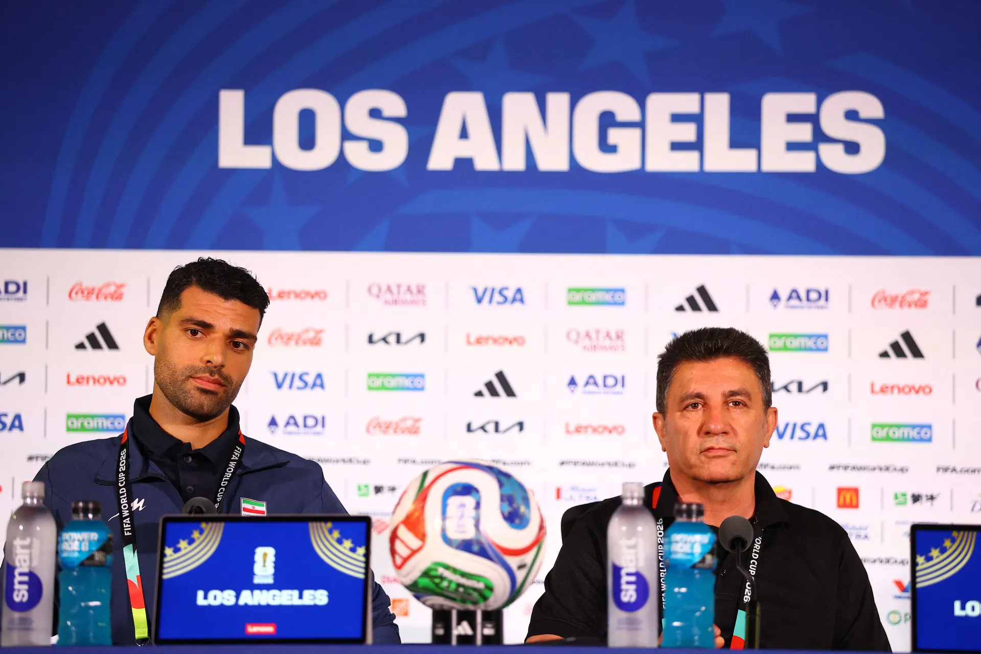 Soccer Football - FIFA World Cup 2026 - Iran Press Conference - Los Angeles Stadium, Inglewood, California, U.S. - June 14, 2026 Iran's Mehdi Taremi and coach Amir Ghalenoei during a press conference REUTERS/Lisi Niesner