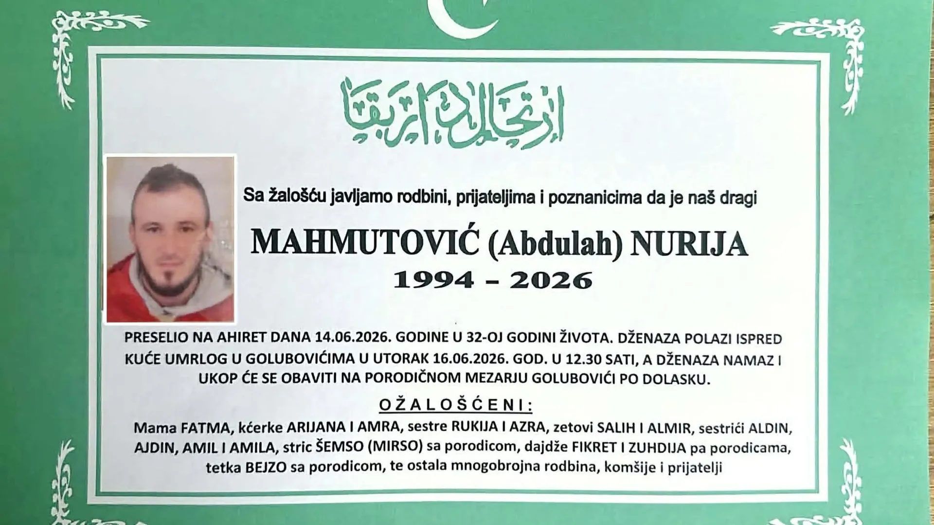 Poznat termin dženaze ubijenom Nuriji Mahmutoviću