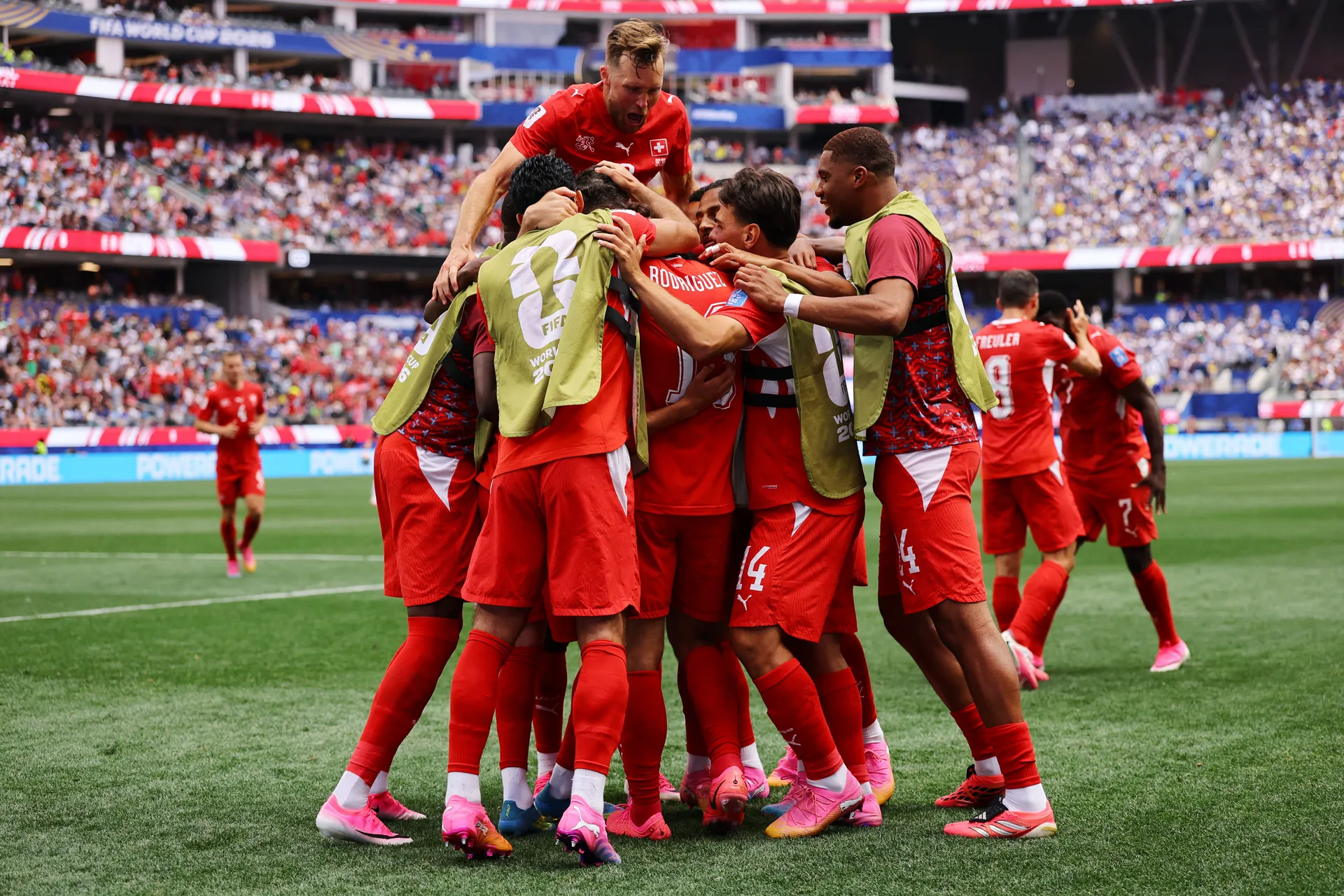 Soccer Football - FIFA World Cup 2026 - Group B - Switzerland v Bosnia and Herzegovina - Los Angeles Stadium, Inglewood, California, U.S. - June 18, 2026 Switzerland's Ruben Vargas celebrates scoring their second goal with teammates REUTERS/Daniel Cole