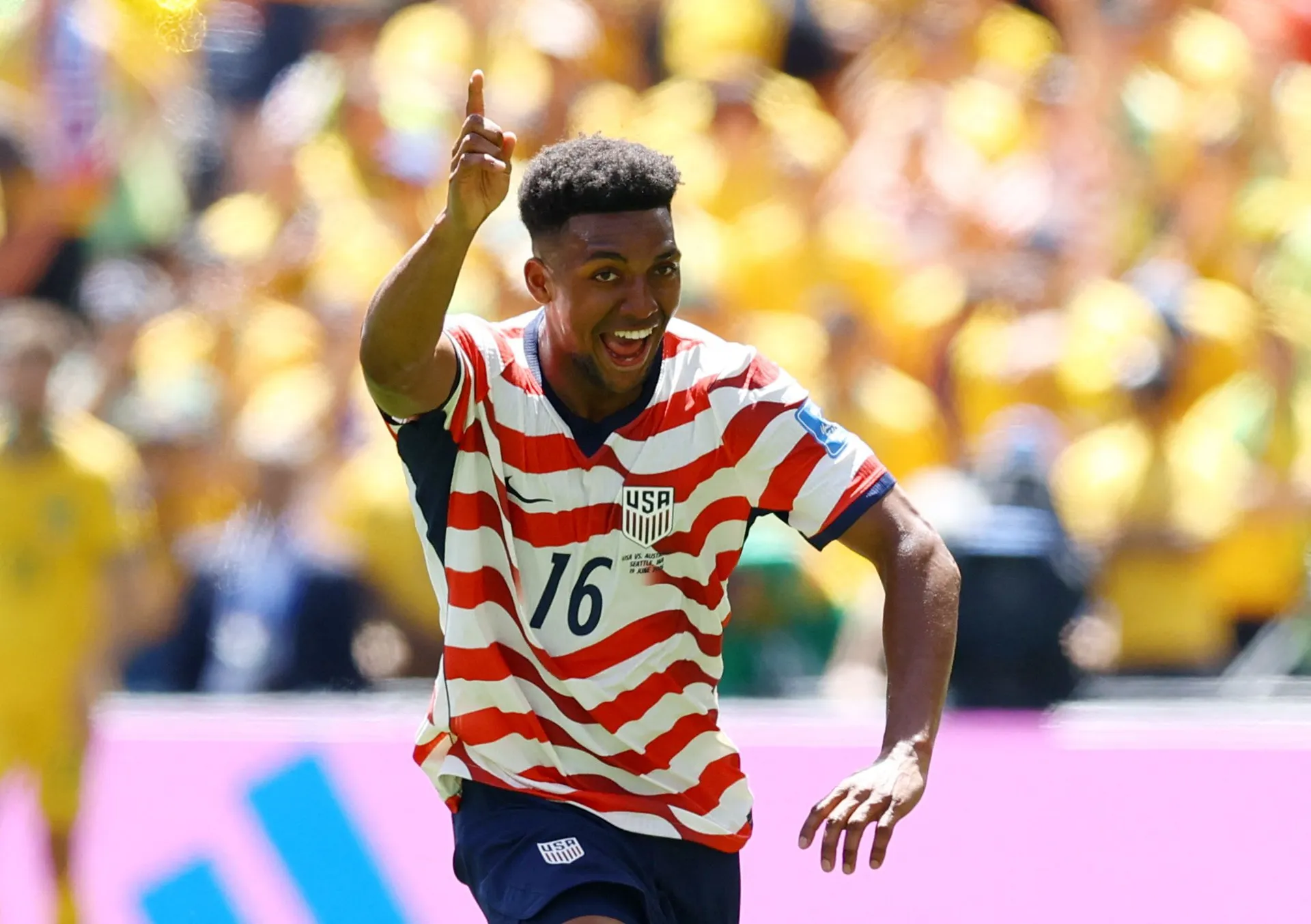 Soccer Football - FIFA World Cup 2026 - Group D - United States v Australia - Seattle Stadium, Seattle, Washington, U.S. - June 19, 2026 Alex Freeman of the U.S. celebrates scoring their second goal REUTERS/Albert Gea