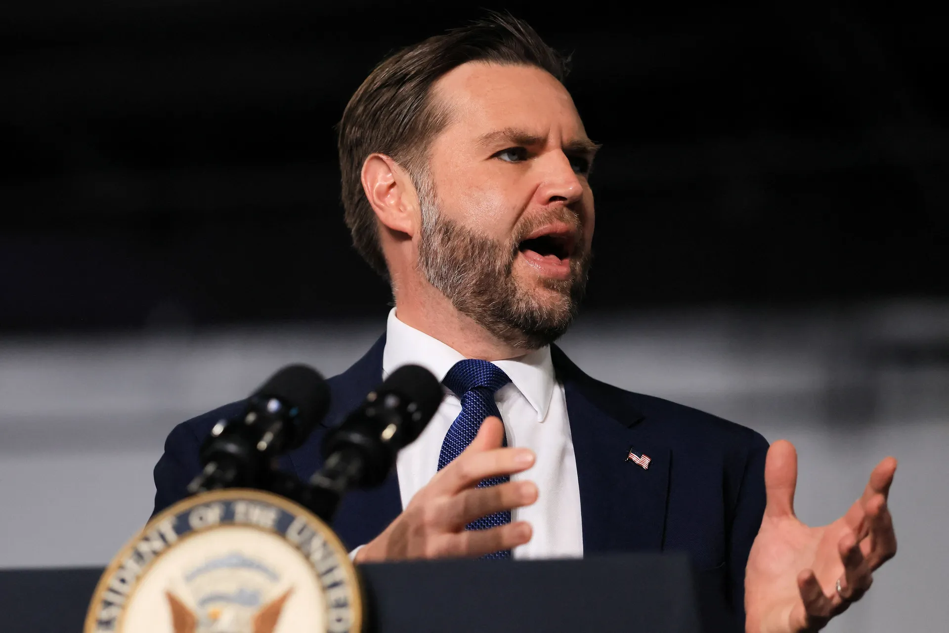 U.S. Vice President JD Vance delivers remarks during an event at Gold Coast Studios on June 17, 2026 in Bethpage, New York, U.S. Vance's visit comes after the Justice Department filed a lawsuit this week against New York state officials over alleged Medic