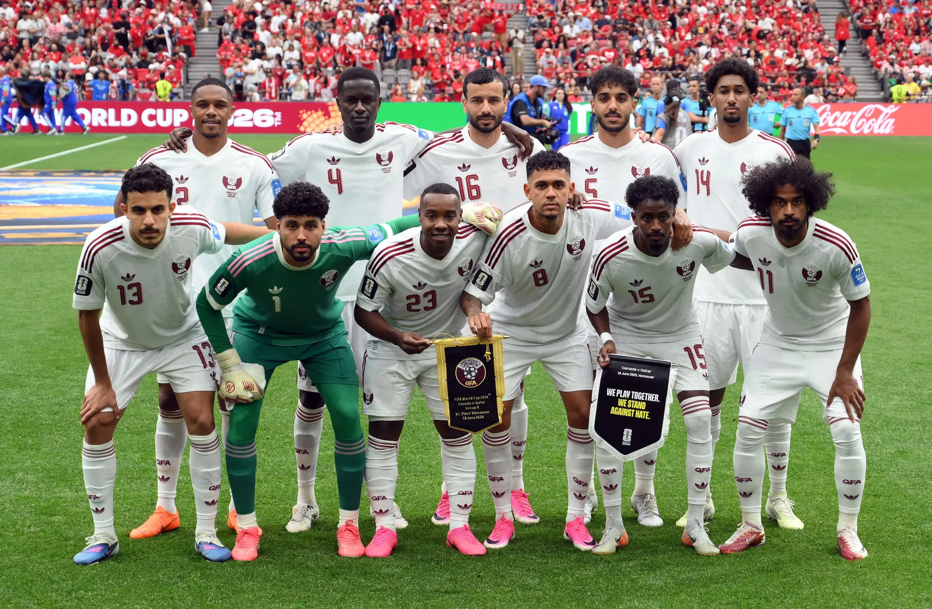 Soccer Football - FIFA World Cup 2026 - Group B - Canada v Qatar - BC Place, Vancouver, Canada - June 18, 2026 Qatar players pose for a team group photo before the match IMAGN IMAGES via Reuters/Anne-Marie Sorvin