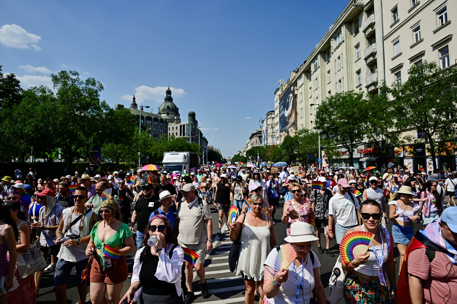 People attend the Budapest Pride March in Budapest, Hungary, June 27, 2026. REUTERS/Marton Monus