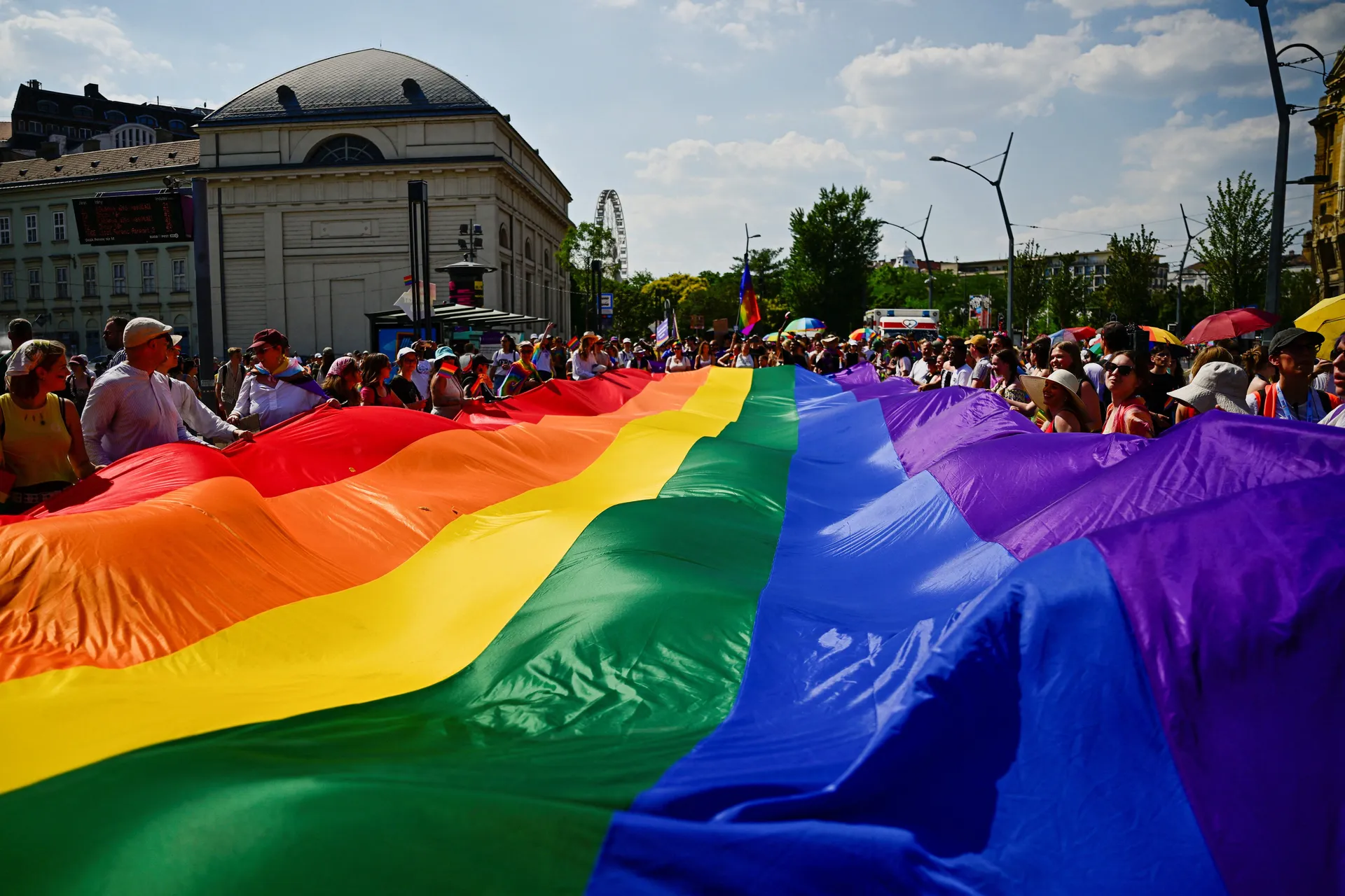 People carry a large Pride flag during the Budapest Pride march in Budapest, Hungary, June 27, 2026. REUTERS/Marton Monus