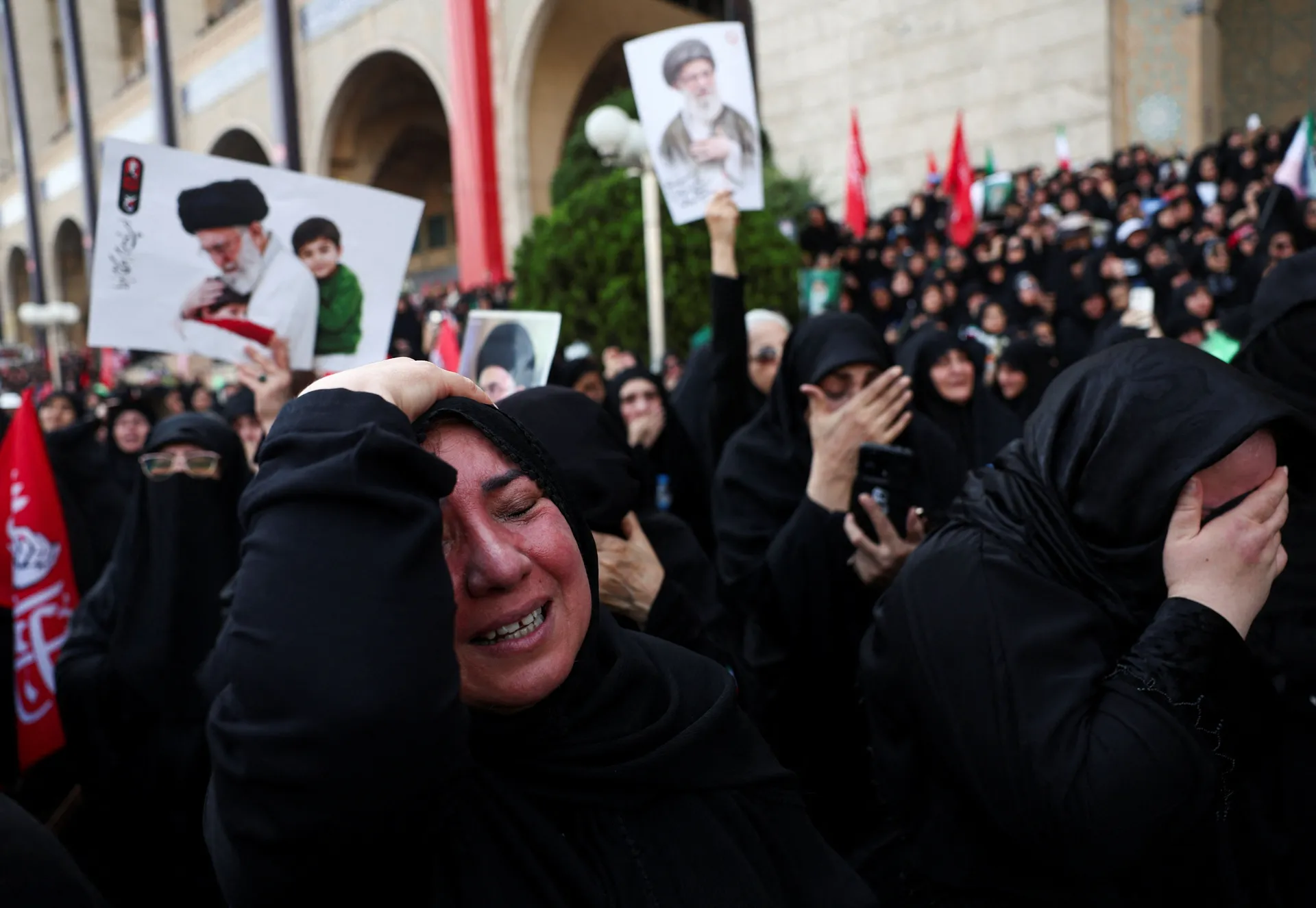 Mourners react as they gather on the day of a public farewell ceremony to pay their respects to late Supreme Leader Ayatollah Ali Khamenei, who was killed on February 28 in Israeli and U.S. airstrikes, at the Imam Khomeini Grand Mosalla, in Tehran, Iran J