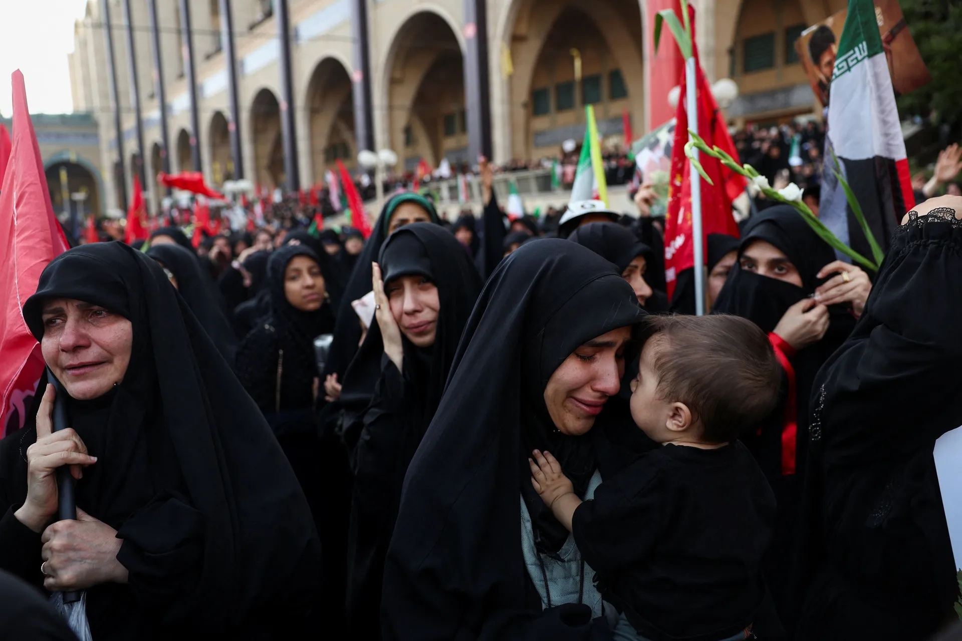 Mourners react as they gather on the day of a public farewell ceremony to pay their respects to late Supreme Leader Ayatollah Ali Khamenei, who was killed on February 28 in Israeli and U.S. airstrikes, at the Imam Khomeini Grand Mosalla, in Tehran, Iran J