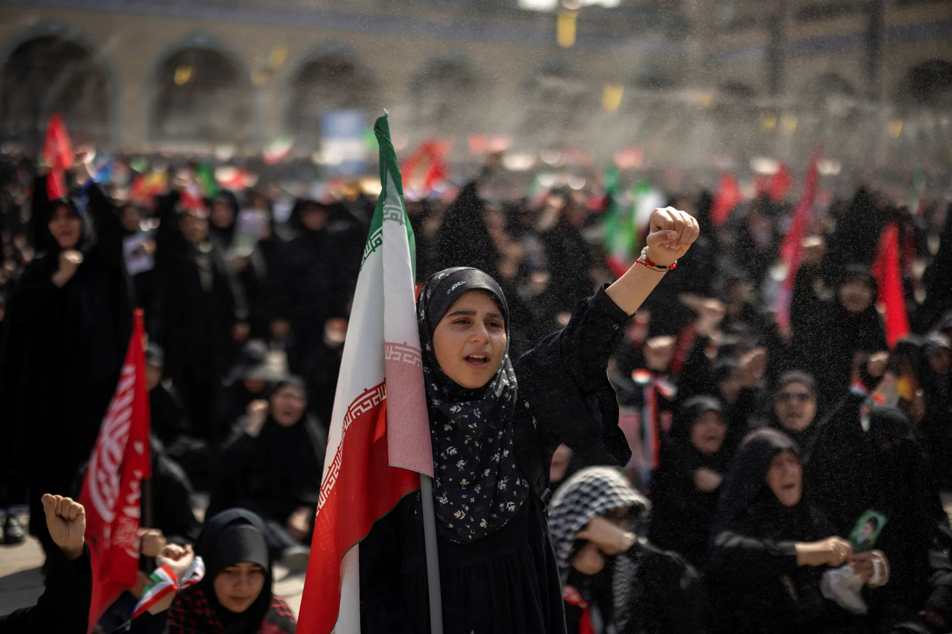 A girl shouts slogans during a public farewell ceremony for late Supreme Leader Ayatollah Ali Khamenei, who was killed on February 28 in Israeli and U.S. airstrikes, at the Imam Khomeini Grand Mosalla, in Tehran, Iran July 4, 2026. REUTERS/Alkis Konstanti