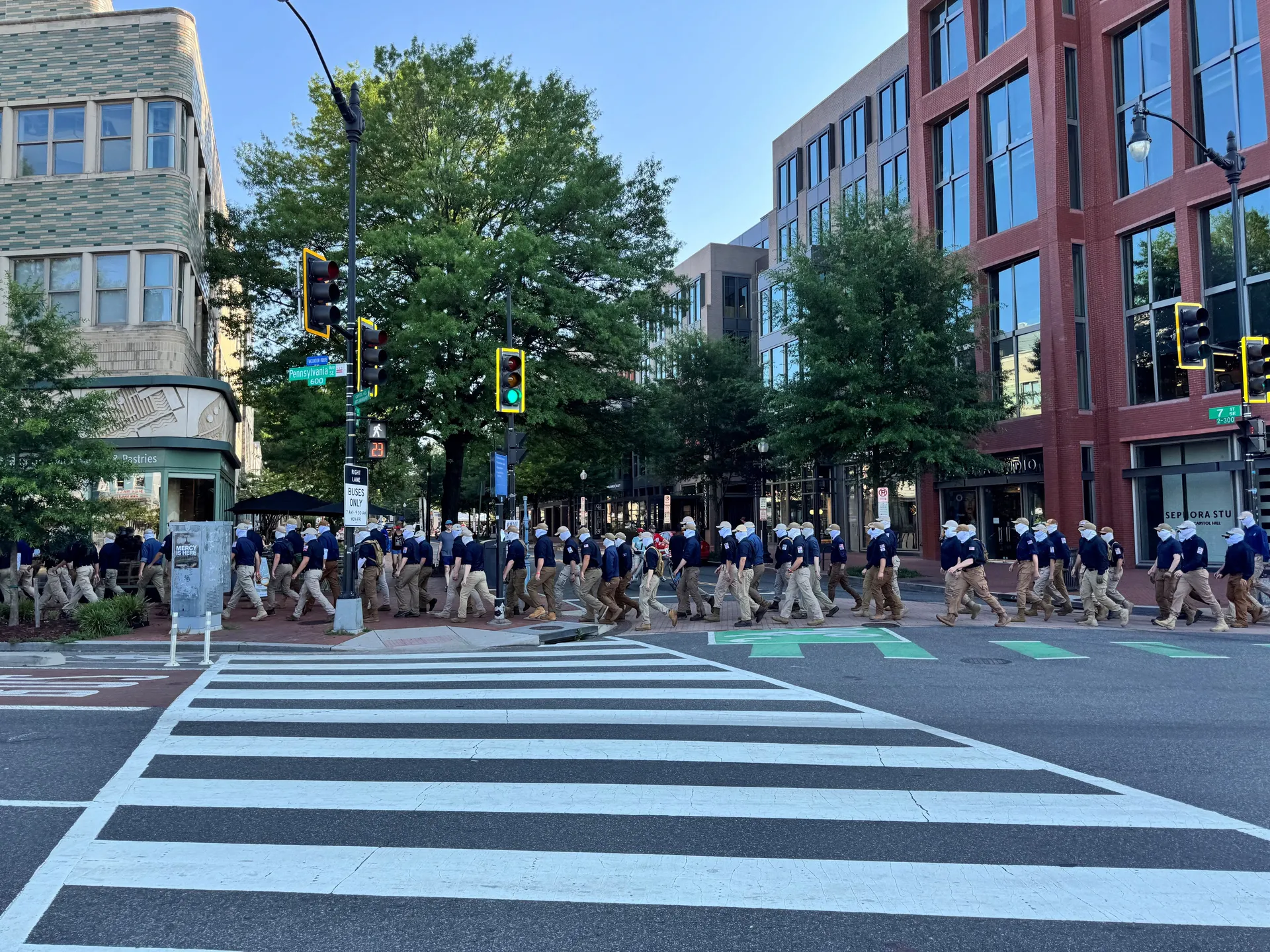 Members from the Patriot Front march on the 250th anniversary of U.S. independence in Washington, D.C., U.S., July 4, 2026, in this image obtained by Reuters. Handout via REUTERS THIS IMAGE HAS BEEN SUPPLIED BY A THIRD PARTY NO RESALES. NO ARCHIVES.