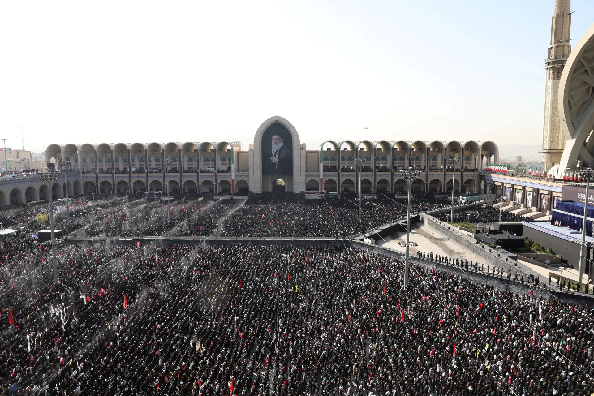 Mourners attend a prayer during a public farewell ceremony to pay their respects to late Supreme Leader Ayatollah Ali Khamenei, who was killed on February 28 in Israeli and U.S. airstrikes, at the Imam Khomeini Grand Mosalla, in Tehran, Iran, July 5, 2026