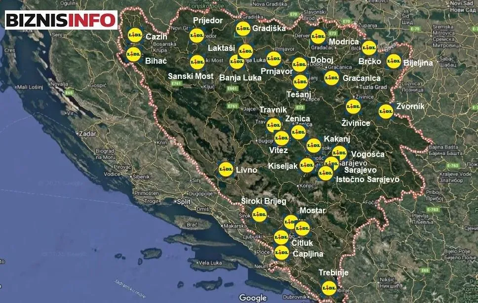 Mapa Lidlovih lokacija u BiH s označenim gradovima u kojima su potvrđeni ili planirani projekti