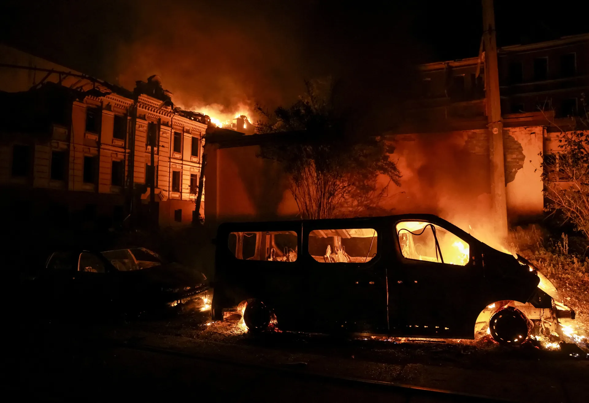 Smoke and fire rise at the site of a Russian missile strike, amid Russia's attack on Ukraine, in Kyiv, Ukraine July 19, 2026. REUTERS/Stringer
