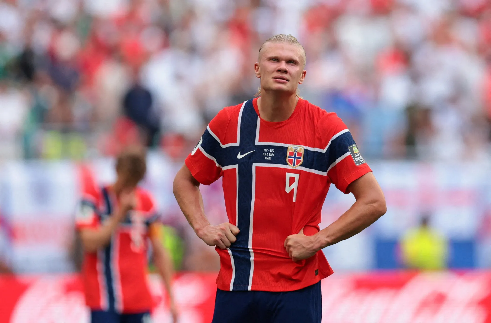 Soccer Football - FIFA World Cup 2026 - Quarter Final - Norway v England - Miami Stadium, Miami Gardens, Florida, U.S. - July 11, 2026 Norway's Erling Haaland reacts IMAGN IMAGES via Reuters/Sam Navarro     TPX IMAGES OF THE DAY