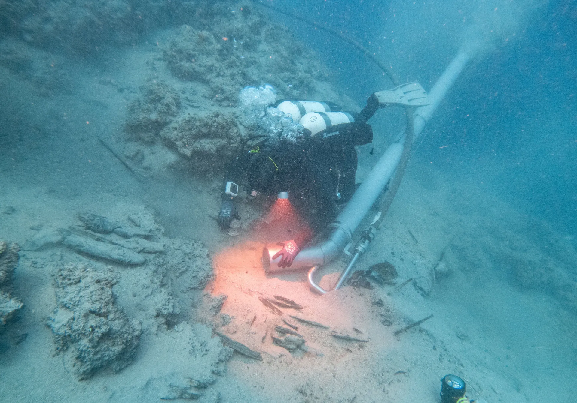 An underwater archaeologist works at a Byzantine shipwreck near Polace on the island of Mljet, Croatia, July 20, 2026. REUTERS/Antonio Bronic