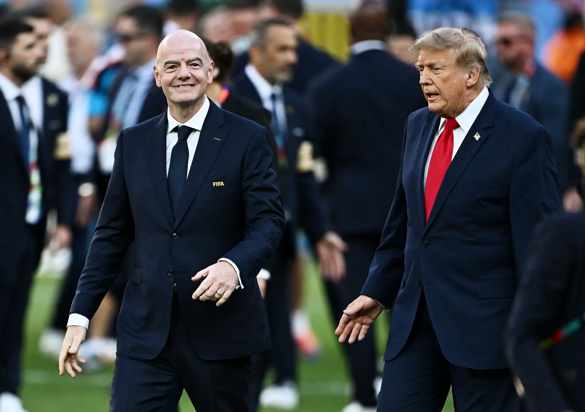 Soccer Football - FIFA World Cup 2026 - Final - Spain v Argentina - New York/New Jersey Stadium, East Rutherford, New Jersey, U.S. - July 19, 2026 U.S. President Donald Trump and FIFA President Gianni Infantino during the trophy presentation after the mat