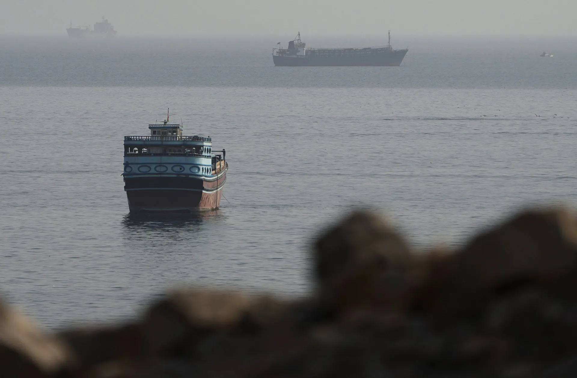 Vessels in the Strait of Hormuz, as seen from Musandam, Oman, August 3, 2026. REUTERS/Stringer