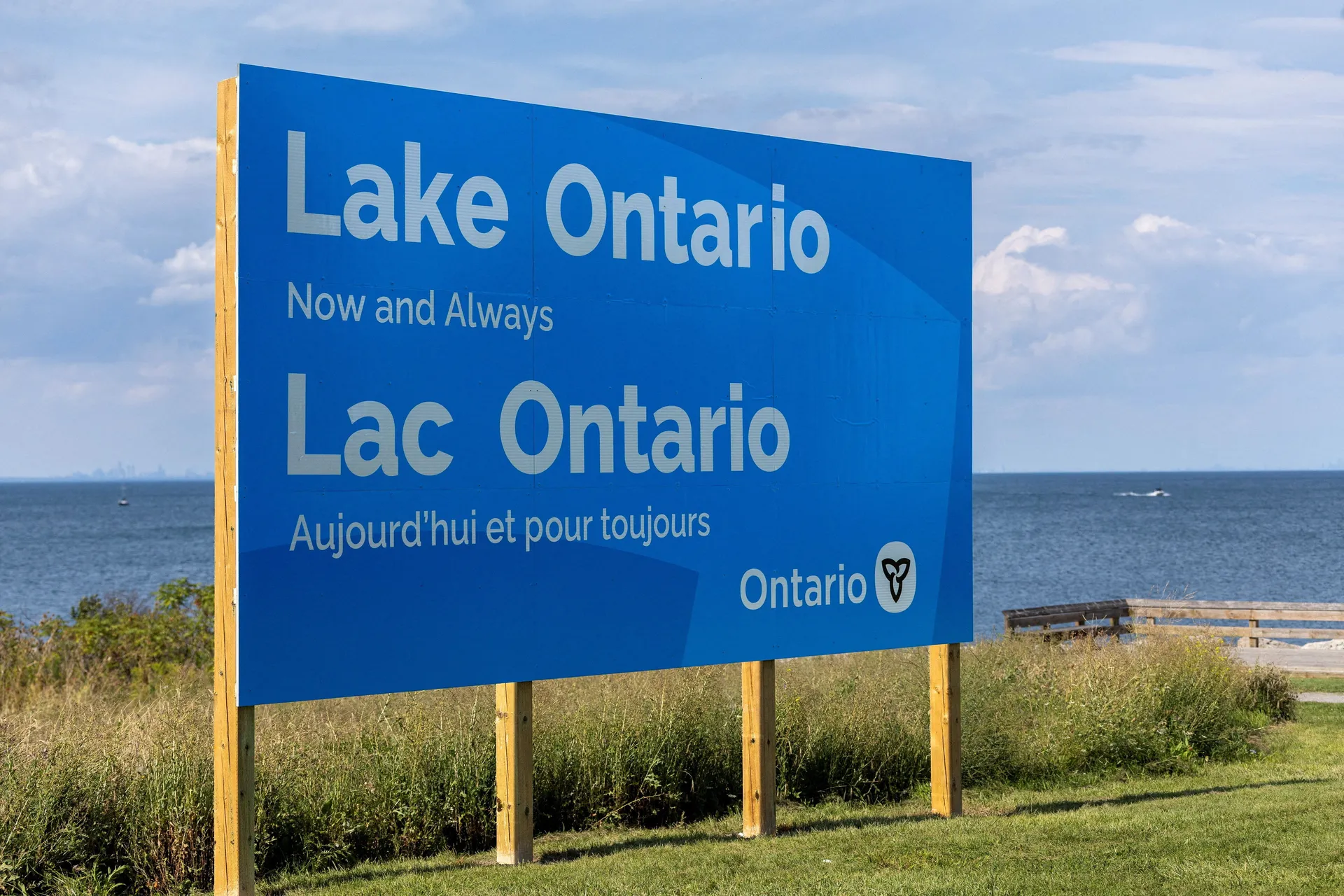 A sign reading "Lake Ontario, Now and Always," unveiled by Ontario Premier Doug Ford at Fifty Point Conservation Area, after U.S. President Donald Trump signed an executive order renaming Lake Ontario as "Lake America," near Grimsby, Ontario, Canada, Augu