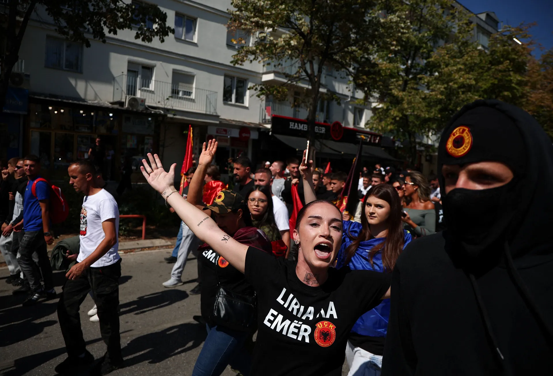 Supporters of former Kosovo President Hashim Thaci protest after he was found guilty of war crimes by the Kosovo war crimes tribunal in The Hague, in Pristina, Kosovo September 16, 2026. REUTERS/Florion Goga