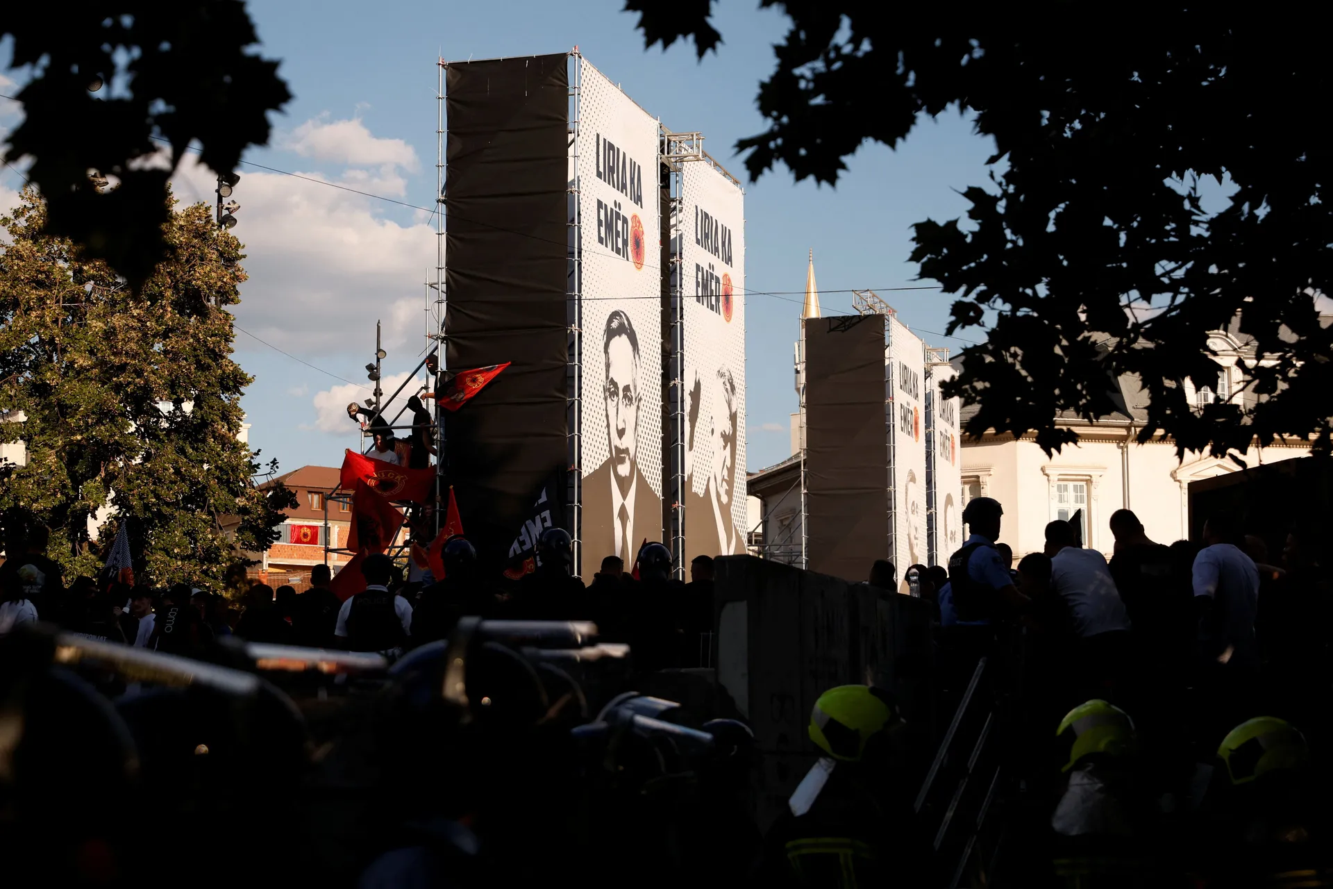 Riot police stand guard outside the government building, as supporters of former Kosovo President Hashim Thaci protest after he was found guilty of war crimes by the Kosovo war crimes tribunal in The Hague, in Pristina, Kosovo September 16, 2026. REUTERS/