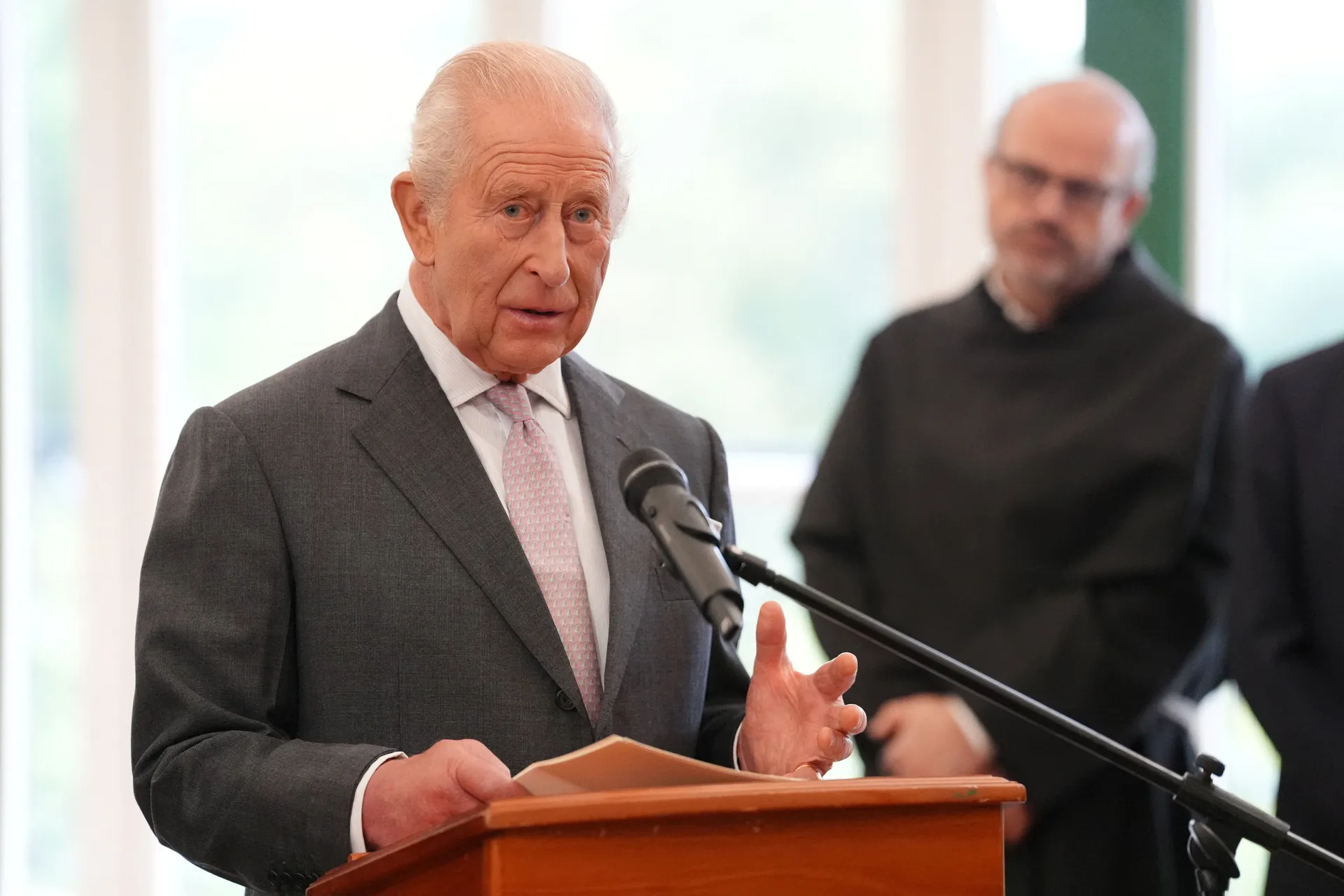 Britain's King Charles gives a speech during a meeting for leaders from the artificial intelligence (AI) sector, Government, and thought leaders to discuss how AI can be developed and deployed in ways that benefit society, at Dumfries House in Cumnock, Br