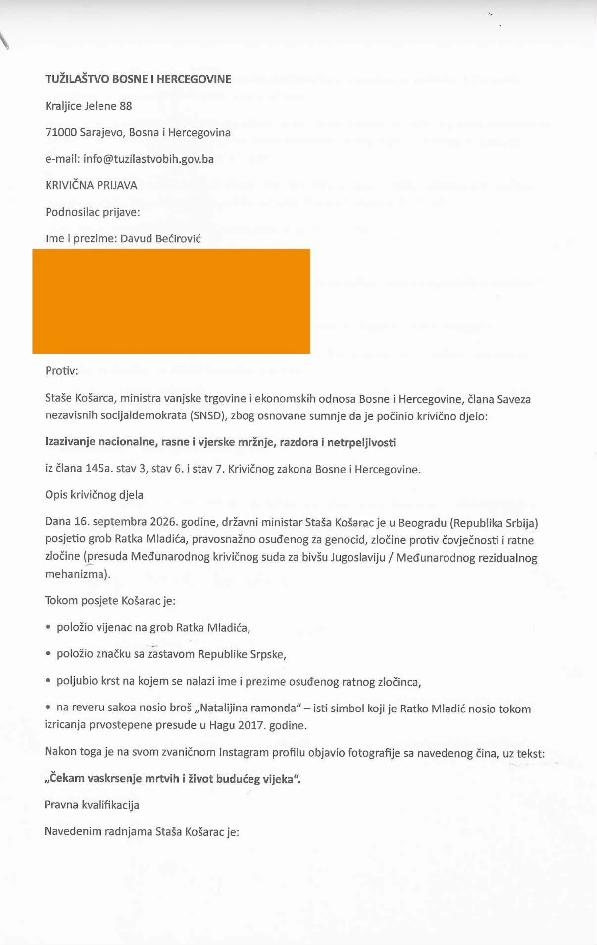 Krivična prijava protiv Košarca