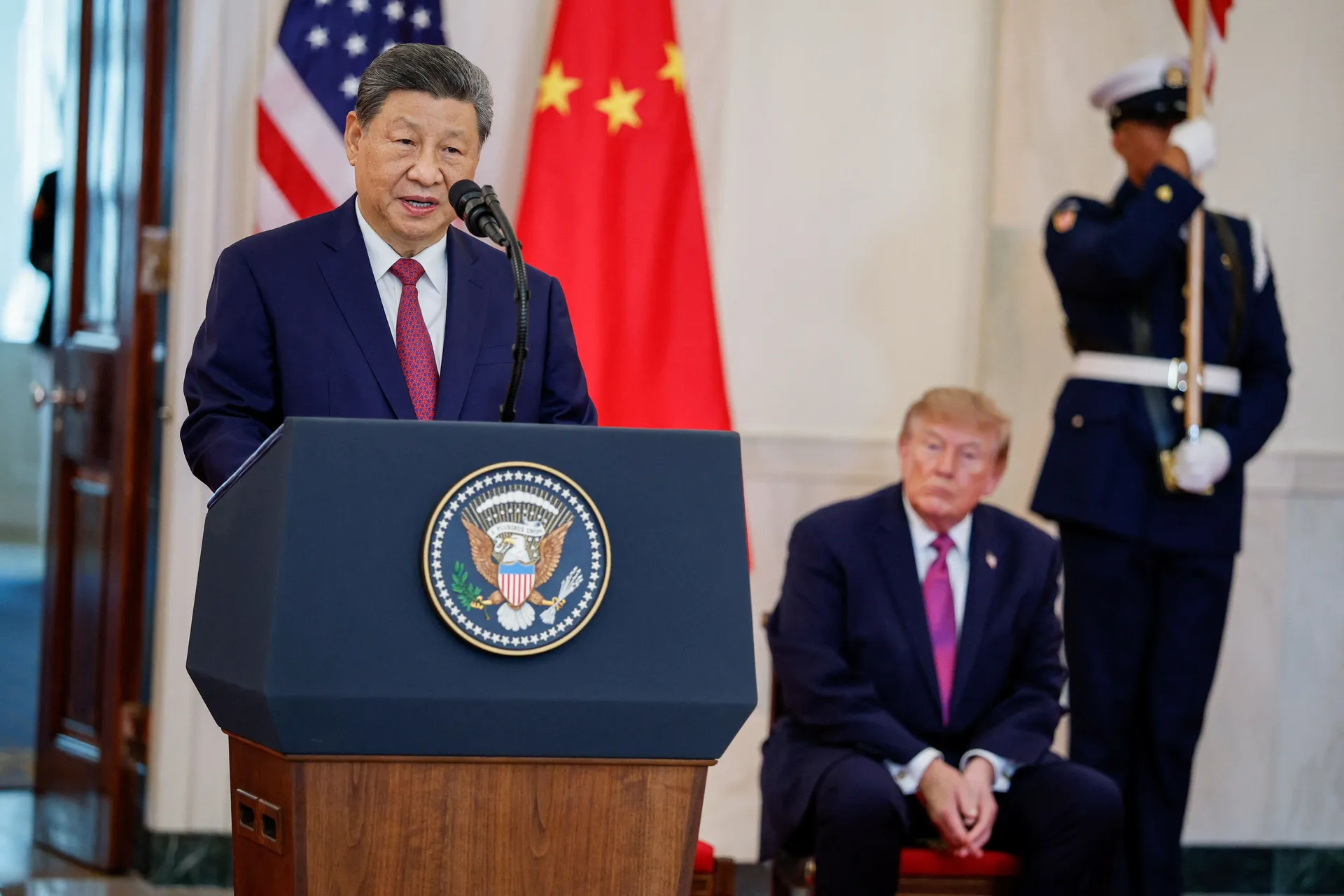 US President Donald Trump listens to Chinese President Xi Jinping delivering remarks at the White House in Washington, D.C., US, September 24, 2026. REUTERS/Evan Vucci