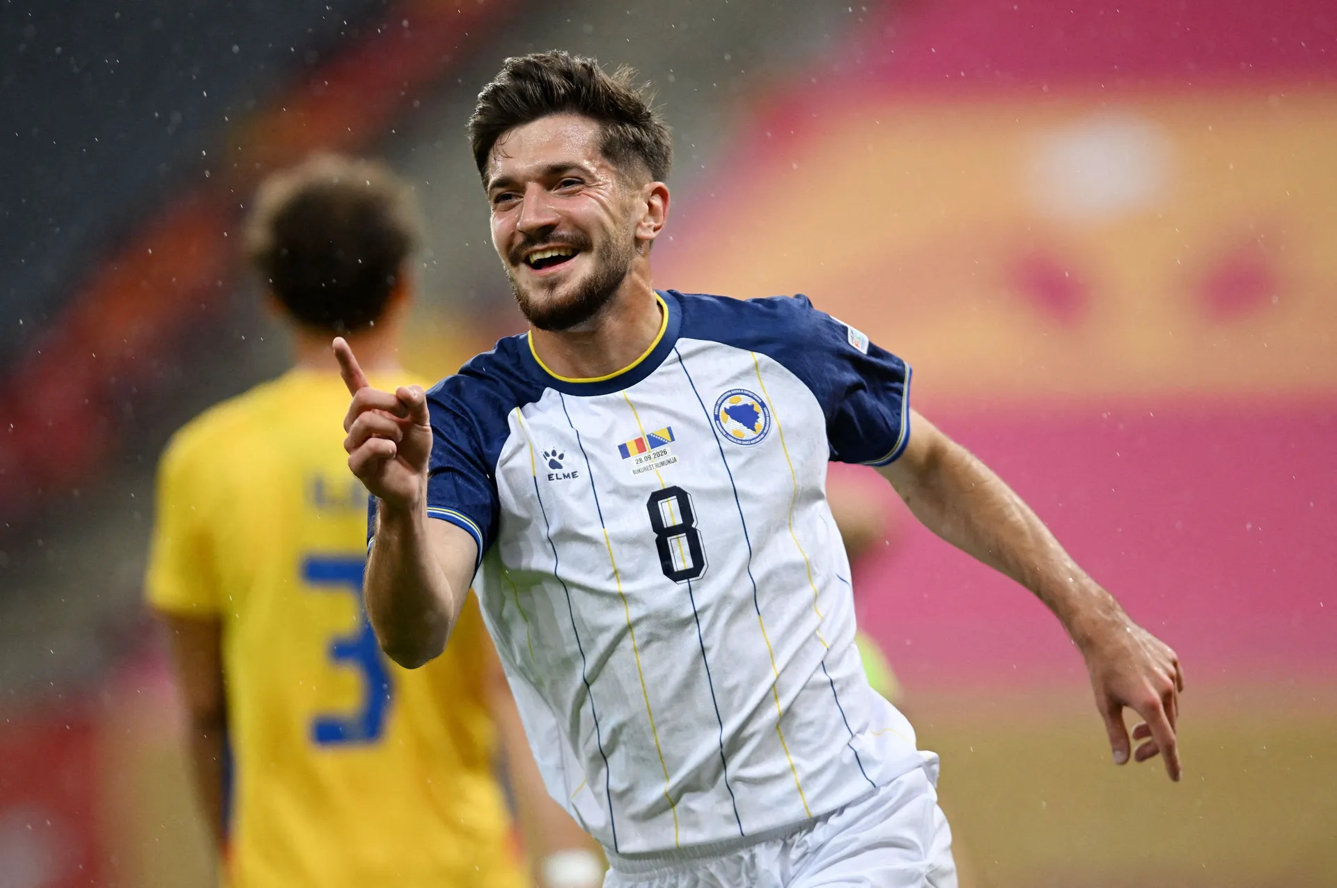 Soccer Football - UEFA Nations League - Group B4 - Romania v Bosnia and Herzegovina - National Arena, Bucharest, Romania - September 28, 2026 Bosnia and Herzegovina's Armin Gigovic celebrates scoring their first goal Inquam Photos via REUTERS/Eduard Vinat