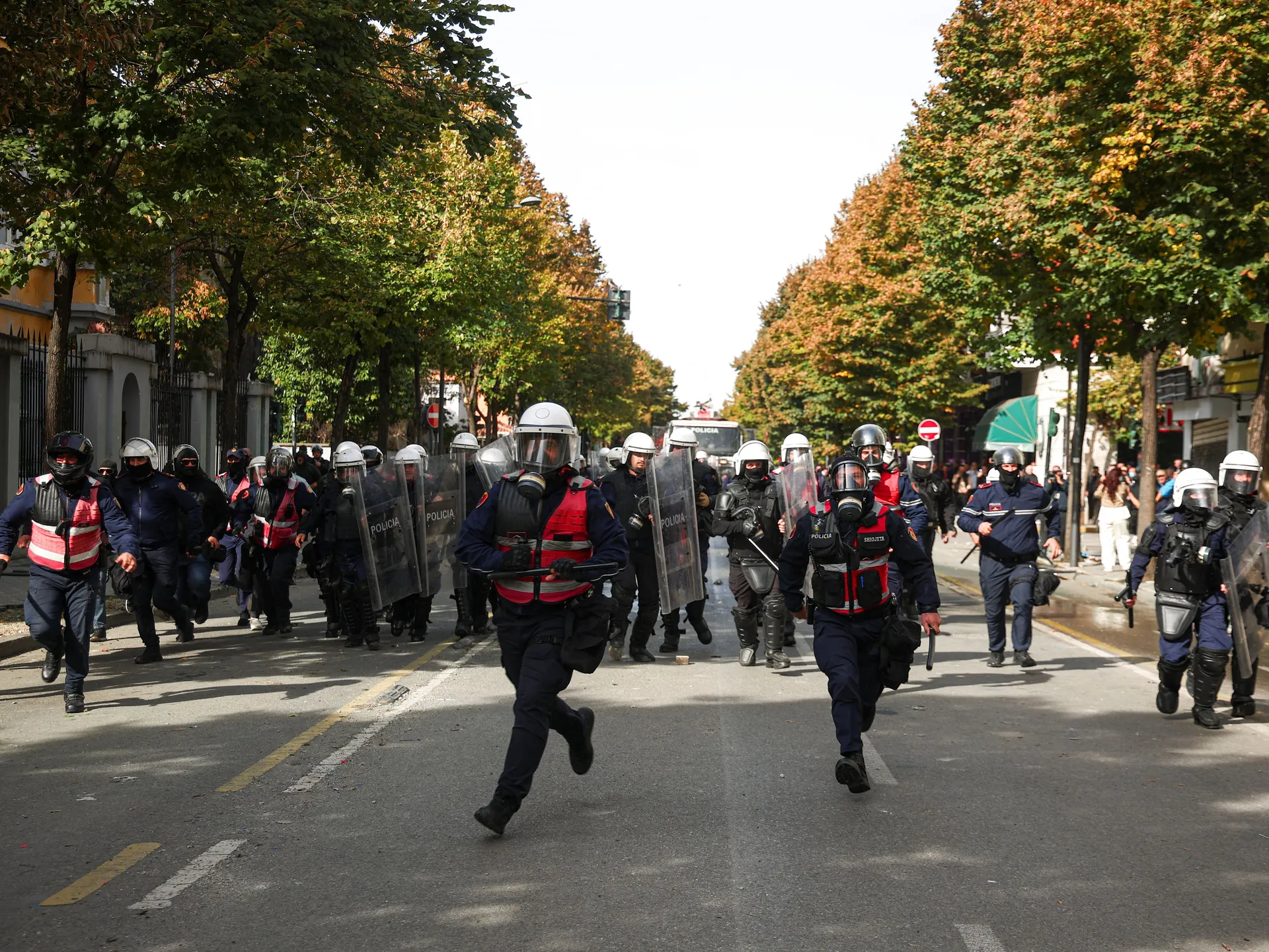 Riot police move forward amid an anti-government protest by students, in Tirana, Albania, October 15, 2026. REUTERS/Florion Goga