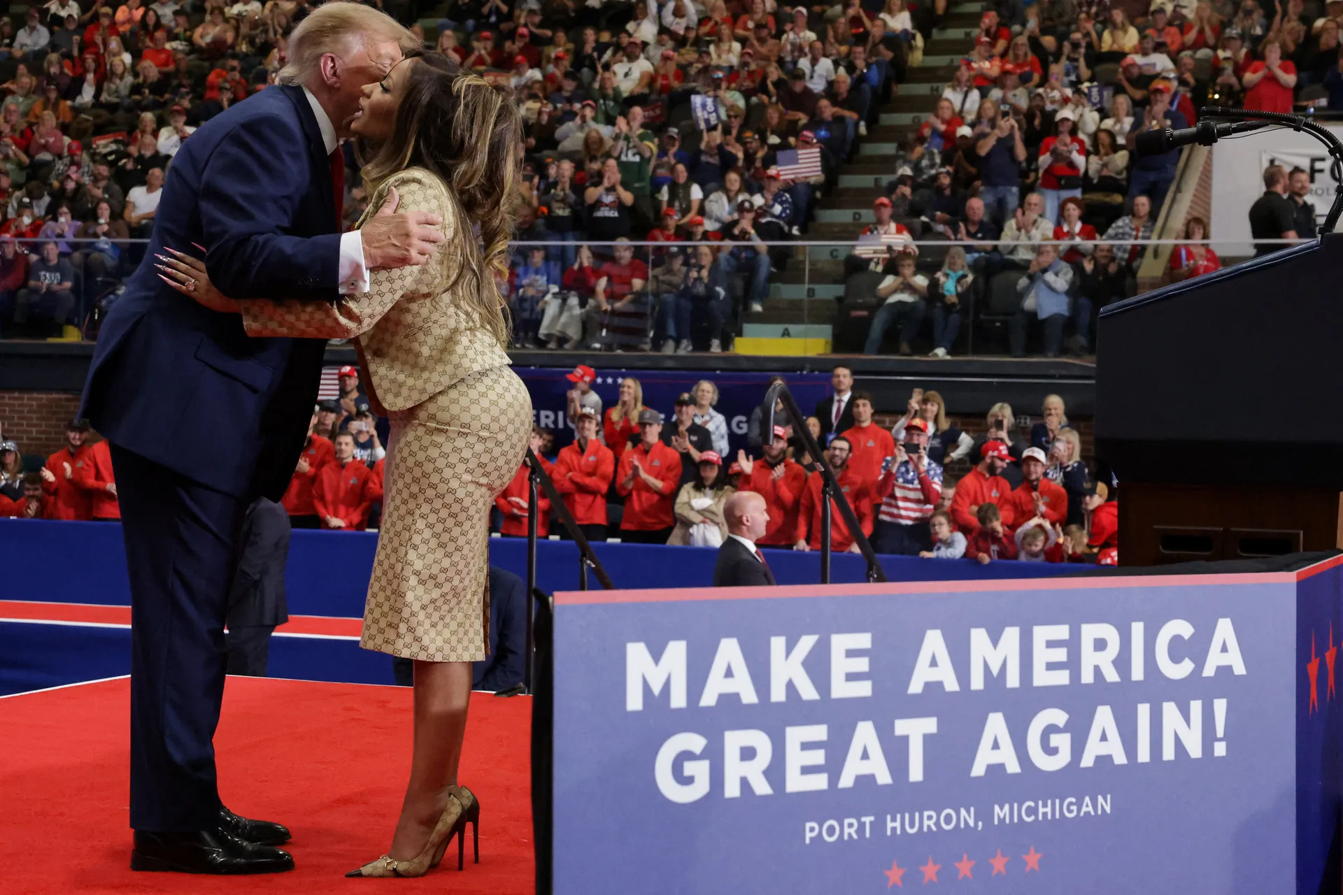 Recording artist Nicki Minaj and US President Donald Trump attend a rally, in support of Republican US Senate candidate, former US Representative Mike Rogers, ahead of the midterm elections, at an entertainment complex in Port Huron, Michigan, US, October