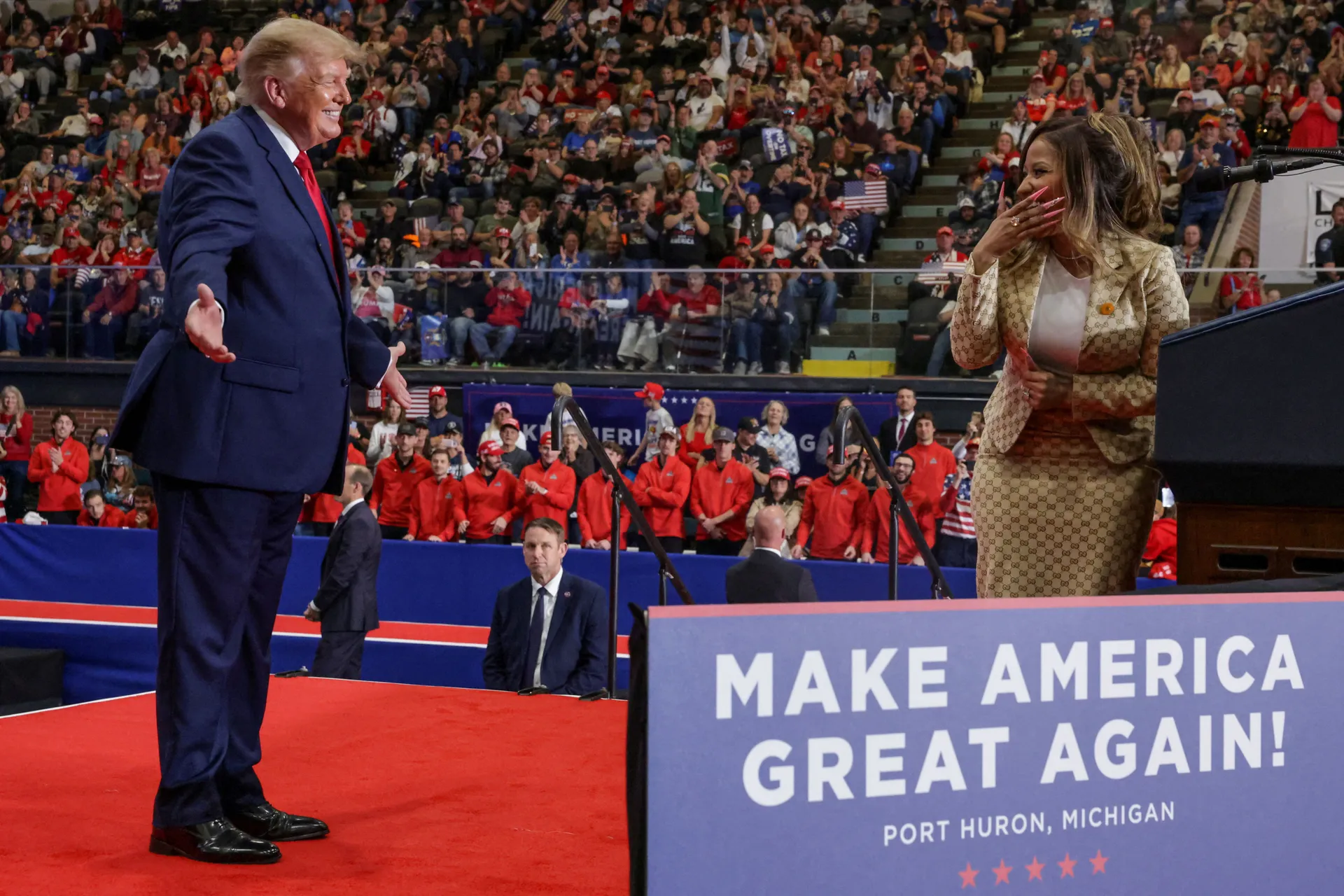 Recording artist Nicki Minaj and US President Donald Trump attend a rally, in support of Republican US Senate candidate, former US Representative Mike Rogers, ahead of the midterm elections, at an entertainment complex in Port Huron, Michigan, US, October